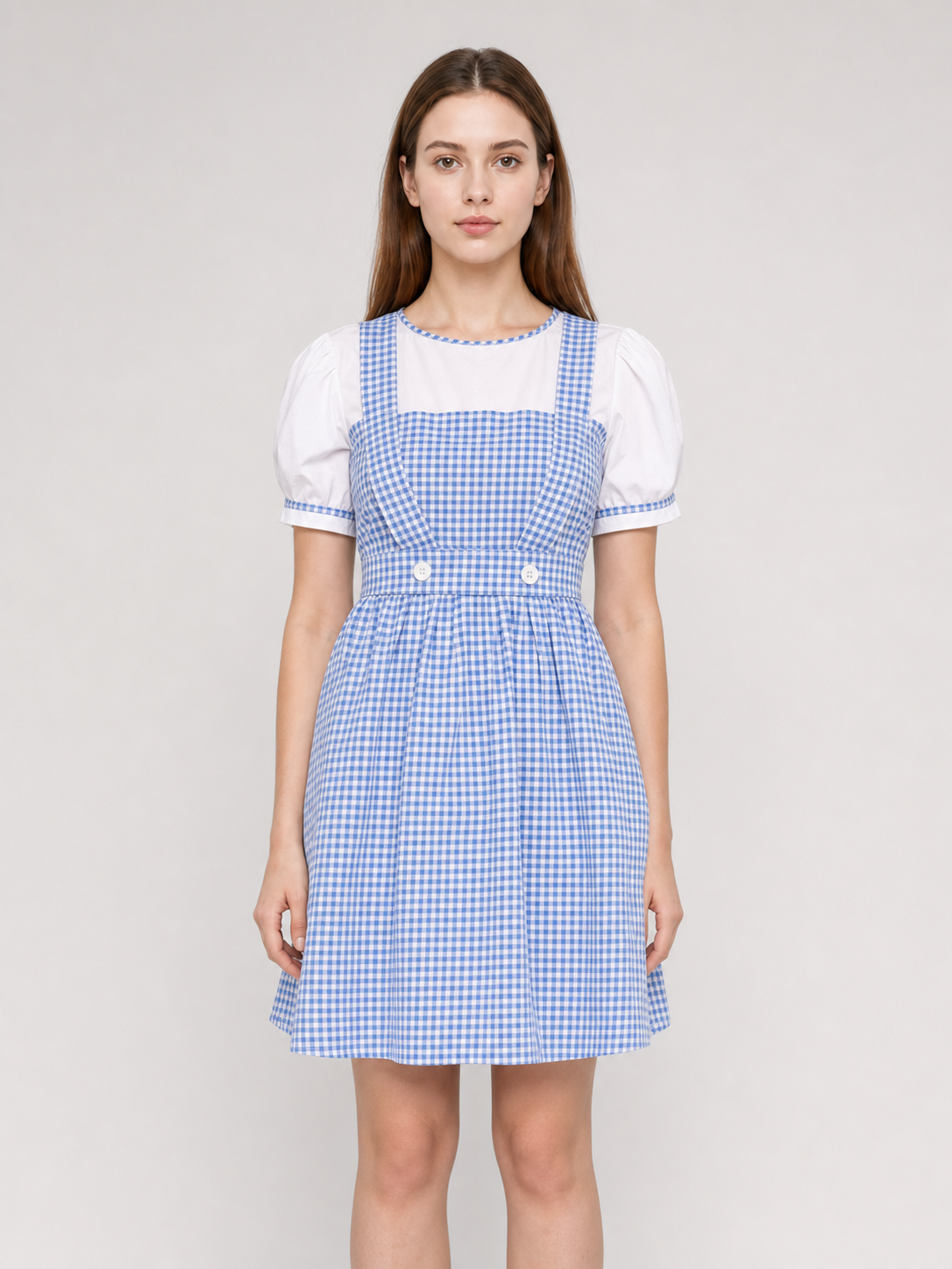 Blue-and-White Check Dress with Puff Sleeves
