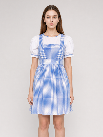 Blue-and-White Check Dress with Puff Sleeves