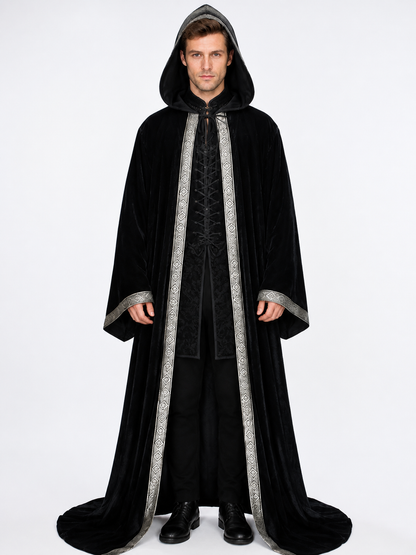 Black Hooded Cloak with Silver Trim, Godfather Death Cosplay Costume Capes detail 3