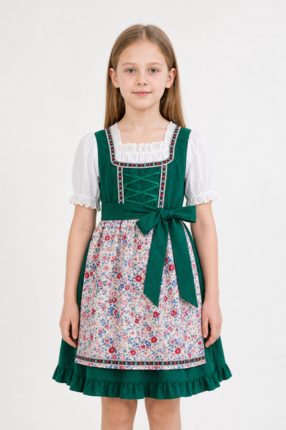 Green Girls’ Dirndl-Style Dress with Apron and Headscarf
