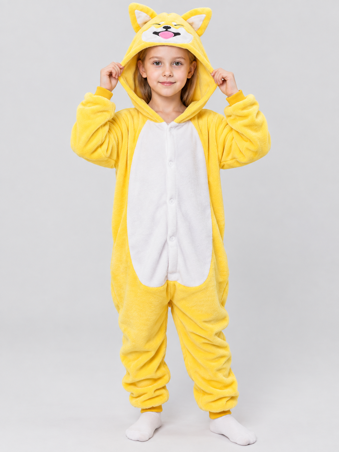 Yellow Flannel Pajama Jumpsuit with Hood and Ears