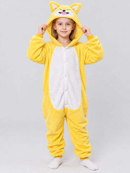 Yellow Flannel Pajama Jumpsuit with Hood and Ears