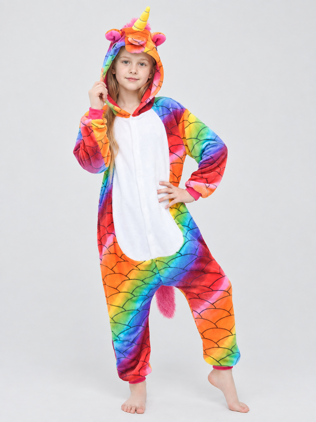Hooded Pajama Jumpsuit with Horn, Ears, and Rainbow Print
