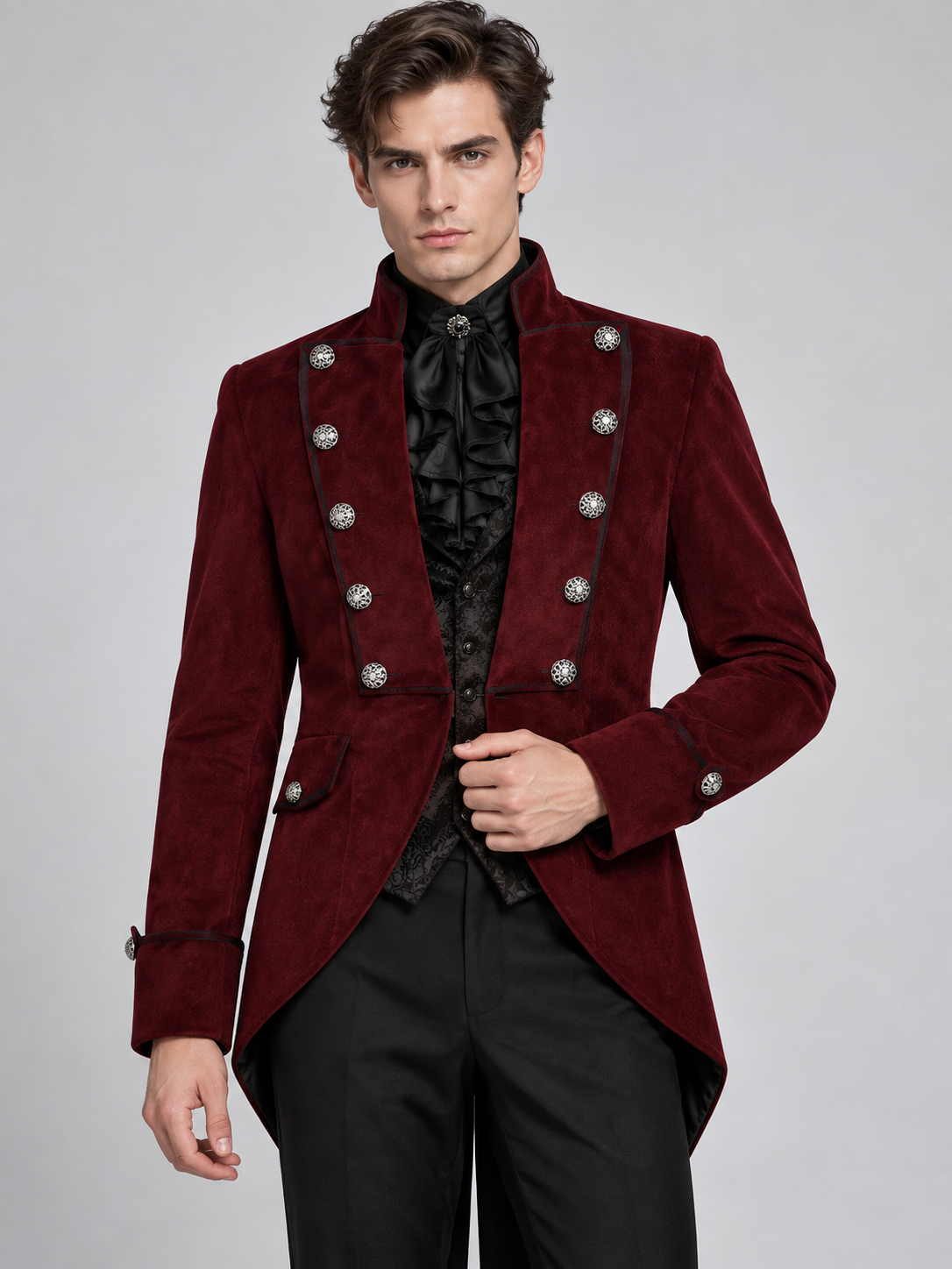 Burgundy double-breasted tailcoat with a stand collar and tails