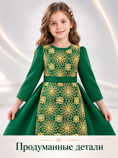 Dark Green Floor-Length Formal Dress for Girls with Bow