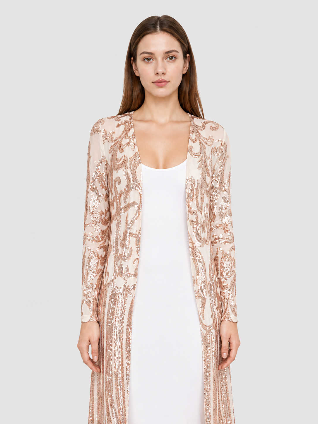 Long Sequin-Embroidered Cape with Baroque Pattern