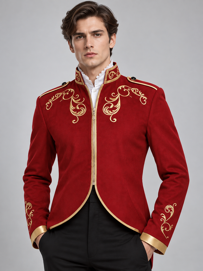 Red tailcoat with gold embroidery and zipper