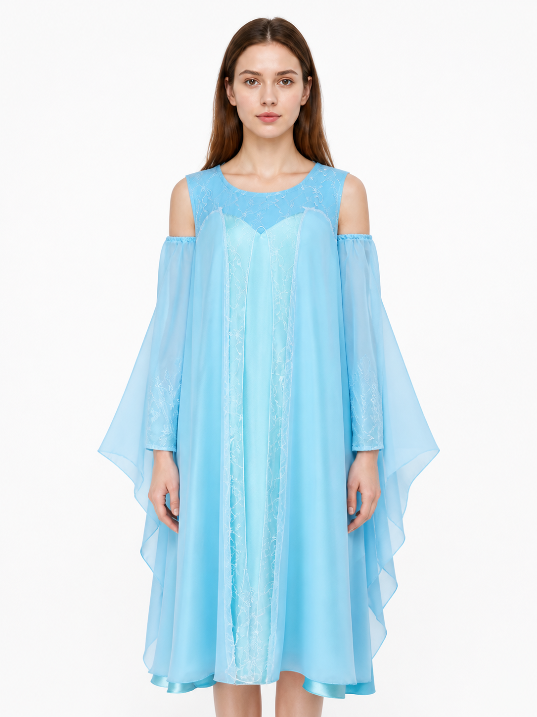 Long Light-Blue Dress with Off-the-Shoulder Neckline and Sleeves Costume Dresses detail 3