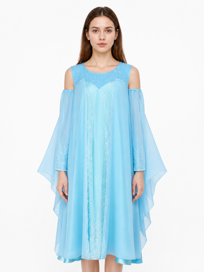 Long Light-Blue Dress with Off-the-Shoulder Neckline and Sleeves Costume Dresses detail 3