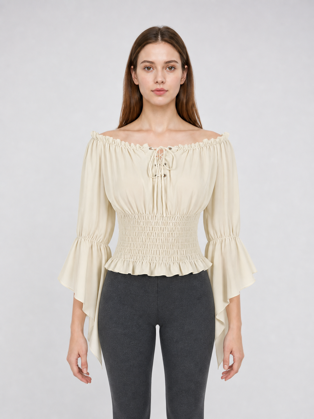 Off-the-Shoulder Lace-Up Blouse, Beige