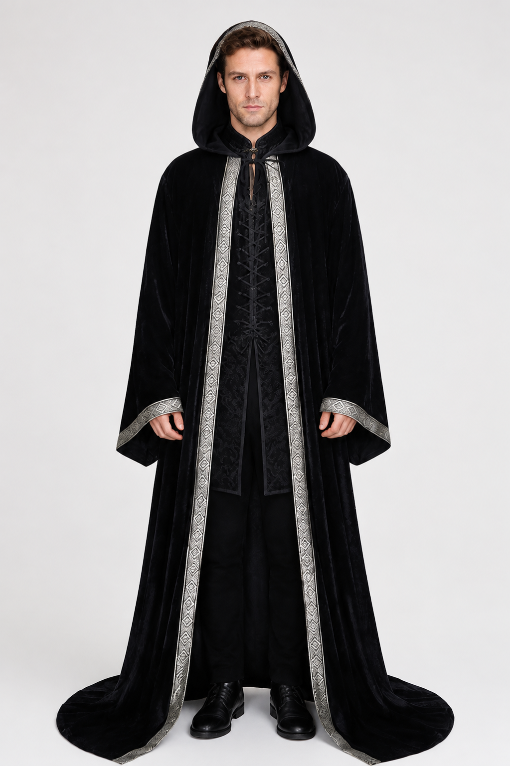 Black hooded cloak for Halloween, silver trim Costume Capes detail 3
