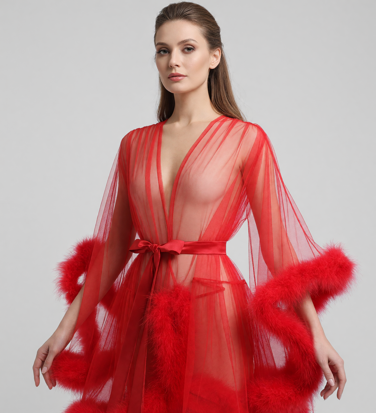 Red Adult Semi-Transparent Cape with Fluffy Trim