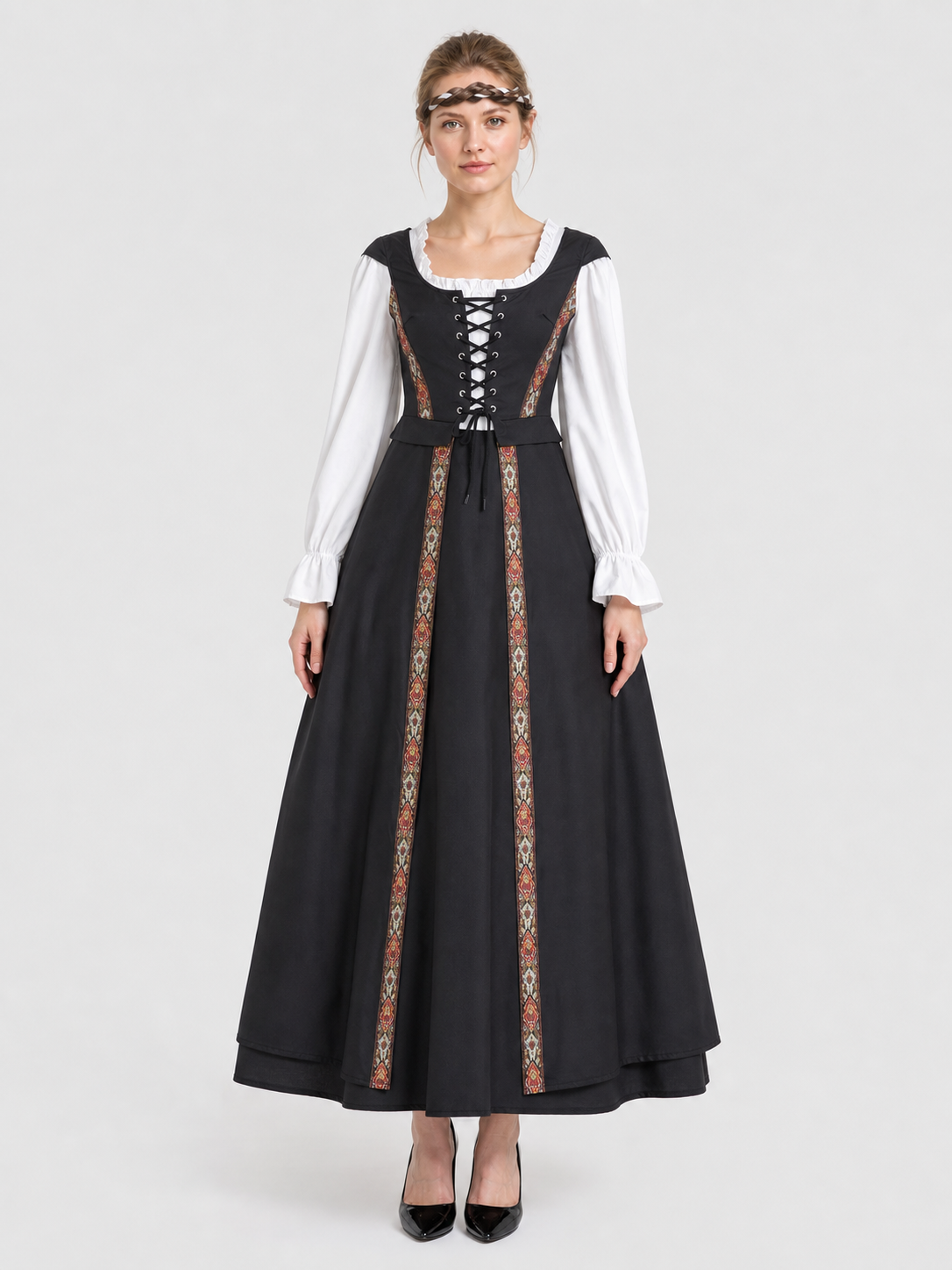 Black Dress with Lace Collar and Ethnic Pattern Costume Dresses detail 2