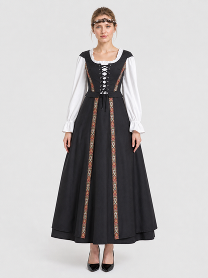 Black Dress with Lace Collar and Ethnic Pattern Costume Dresses detail 2