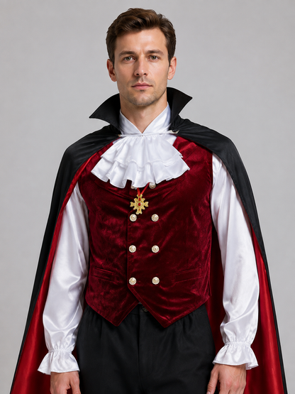 Vampire Costume with Burgundy Vest, Jabot, and Cape Costume Capes detail 2