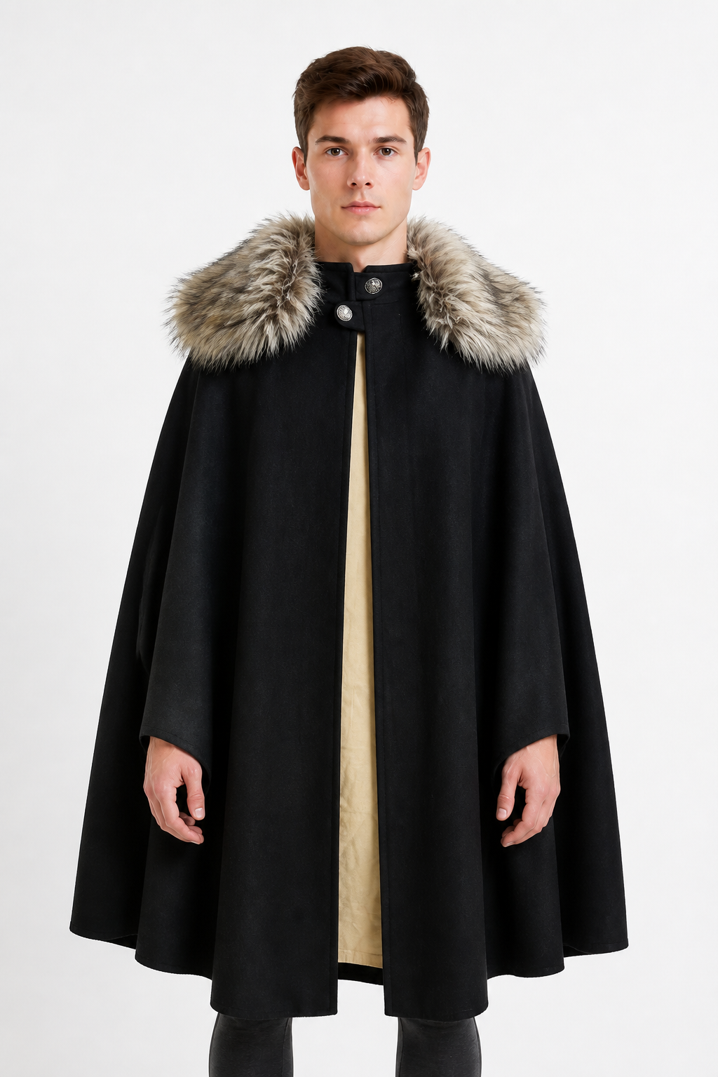 Long Cloak with Fur Collar and Buttons Costume Capes detail 3