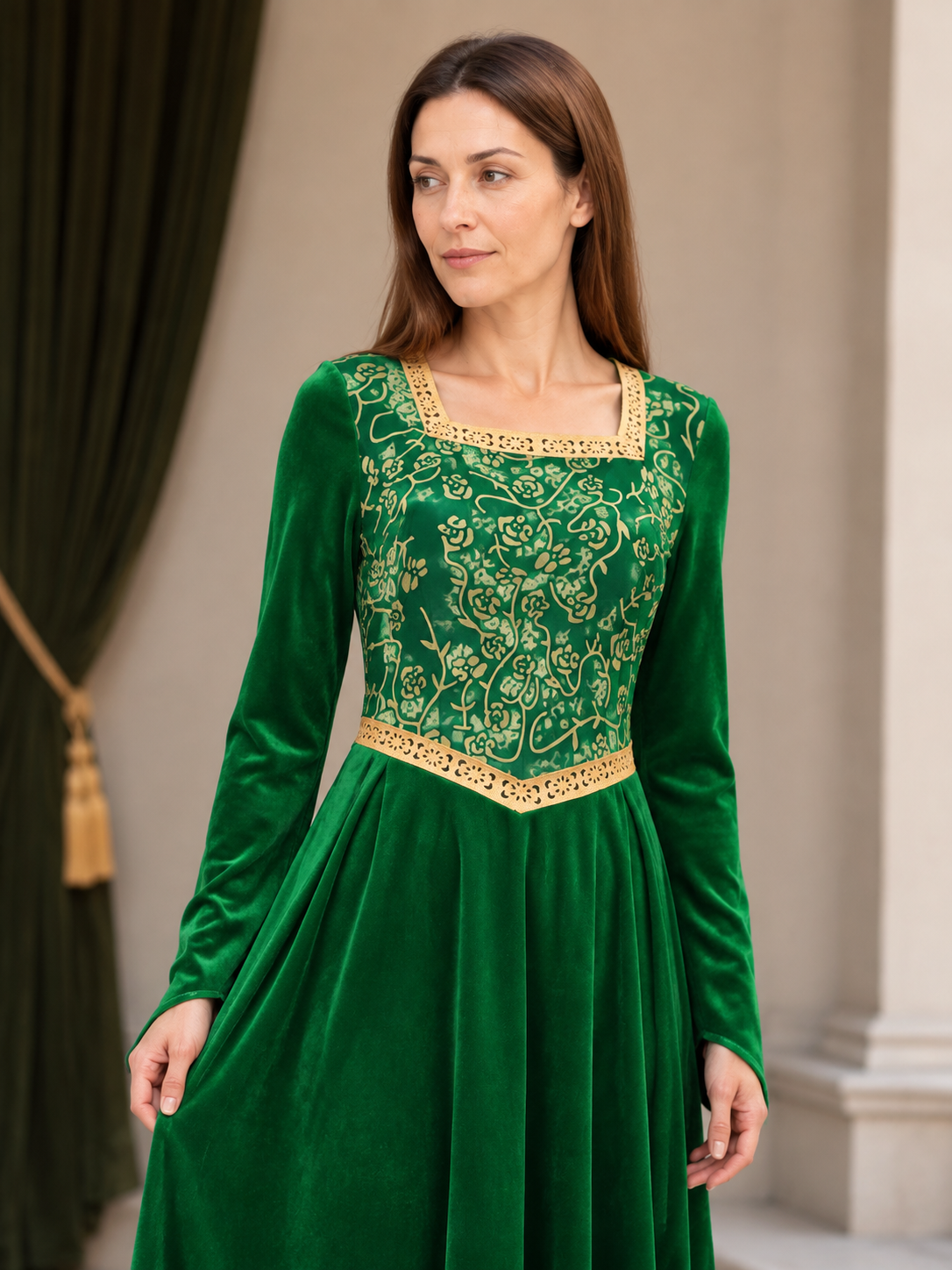 Floor-Length Velour Cosplay Dress with Gold-Tone Trim Costume Dresses detail 2