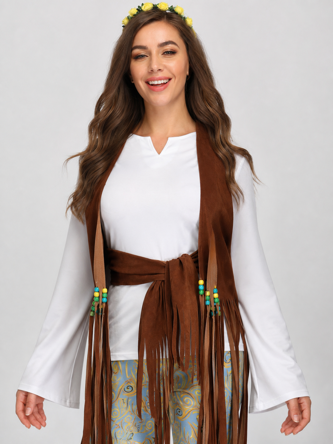 The stage costume is designed in a retro style and is suitable for a Halloween party, disco performance, or cosplay. The set includes a stage outfit with a white long-sleeve shirt, brown fringe, and light blue flared pants featuring a yello