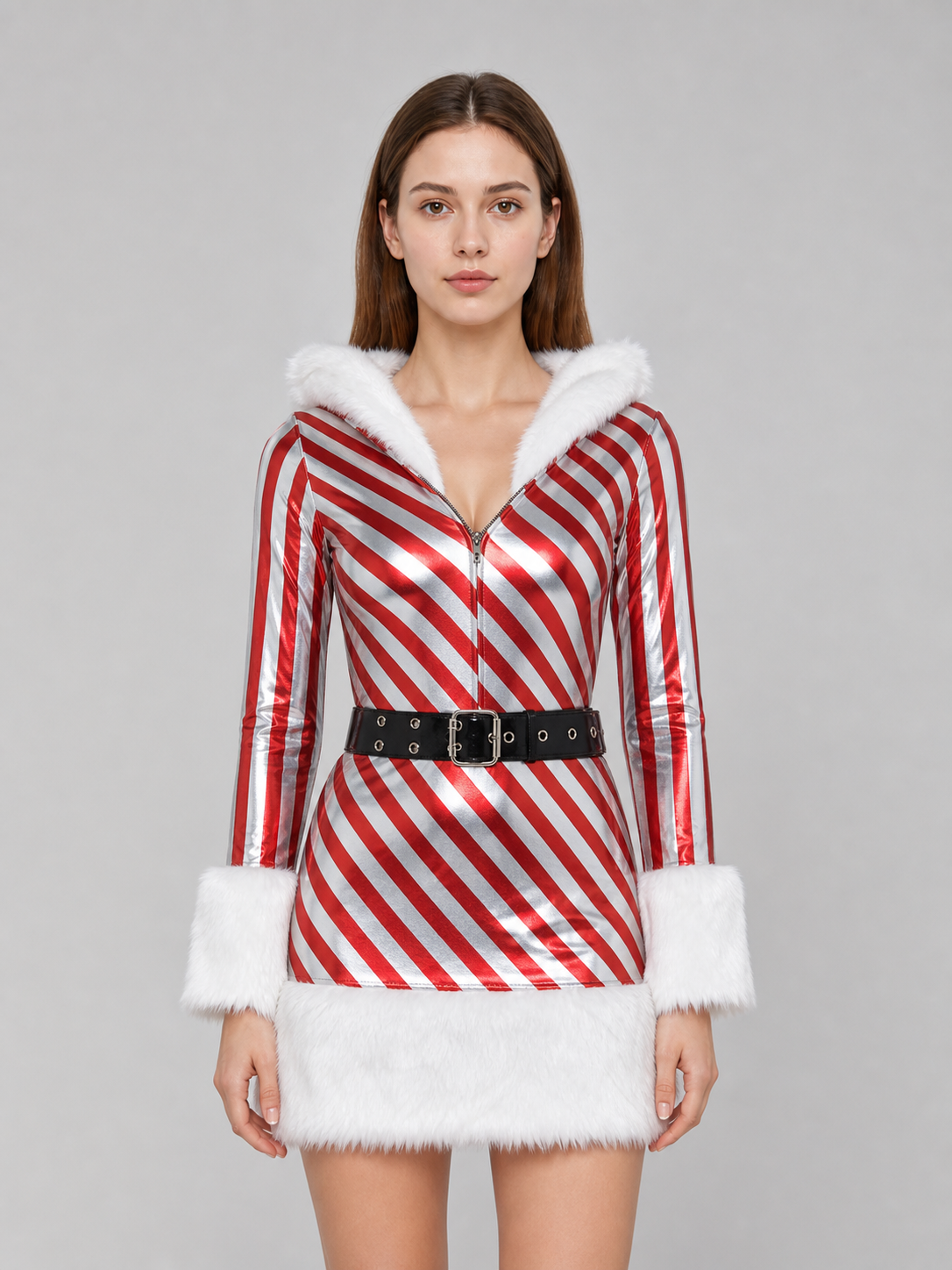 Holiday costume dress with a hood and belt