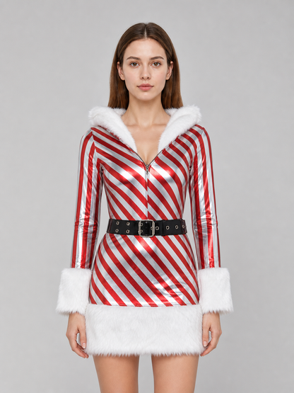 Holiday costume dress with a hood and belt