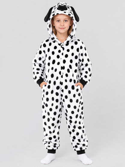 White Fleece Pajama Jumpsuit with Black Spots