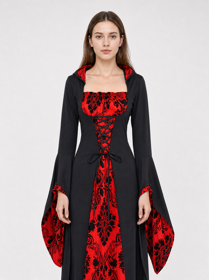 Gothic Hooded Dress with Red Pattern