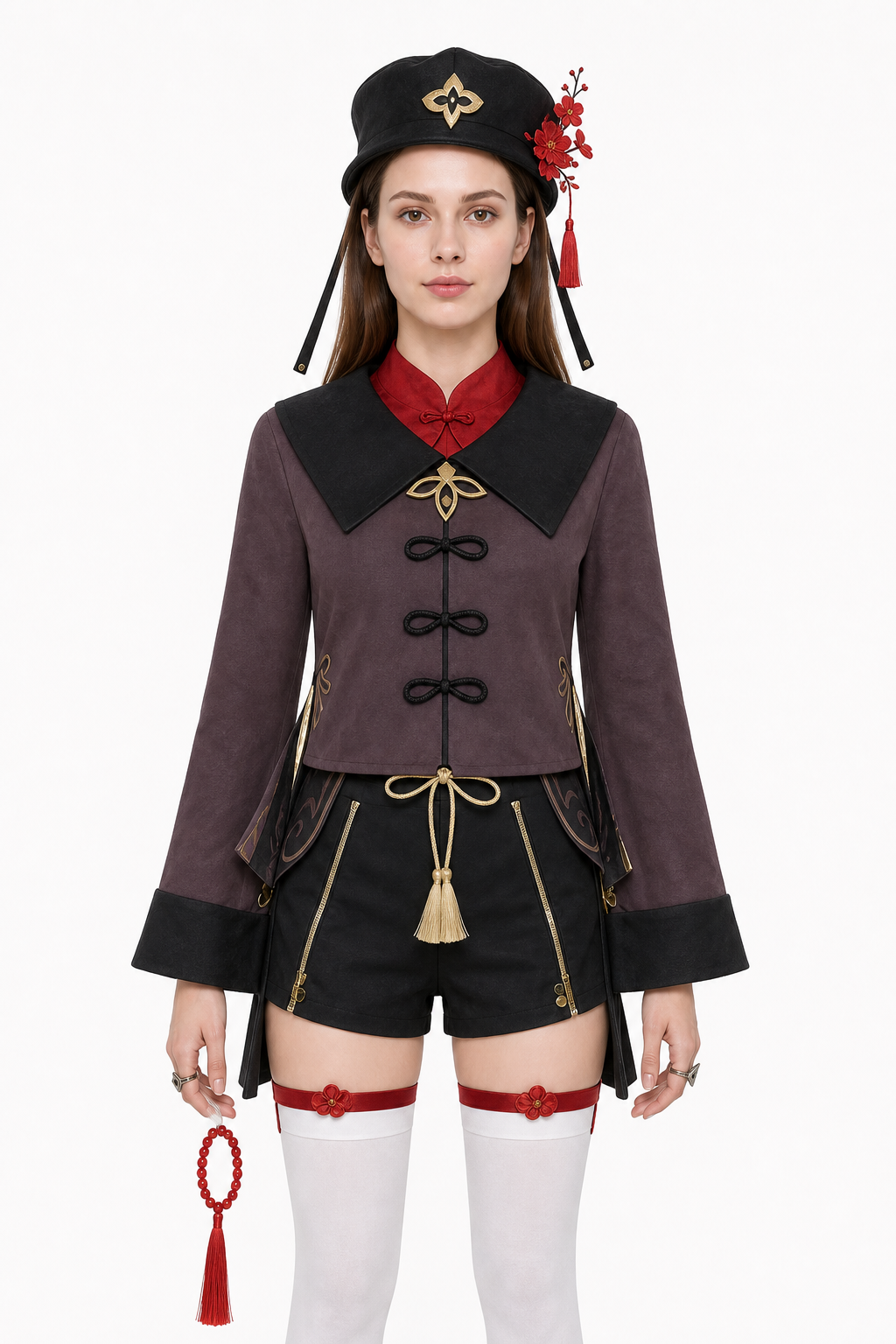 Hu Tao Cosplay Costume with Red Scarf and Gold Details Costumes detail 3