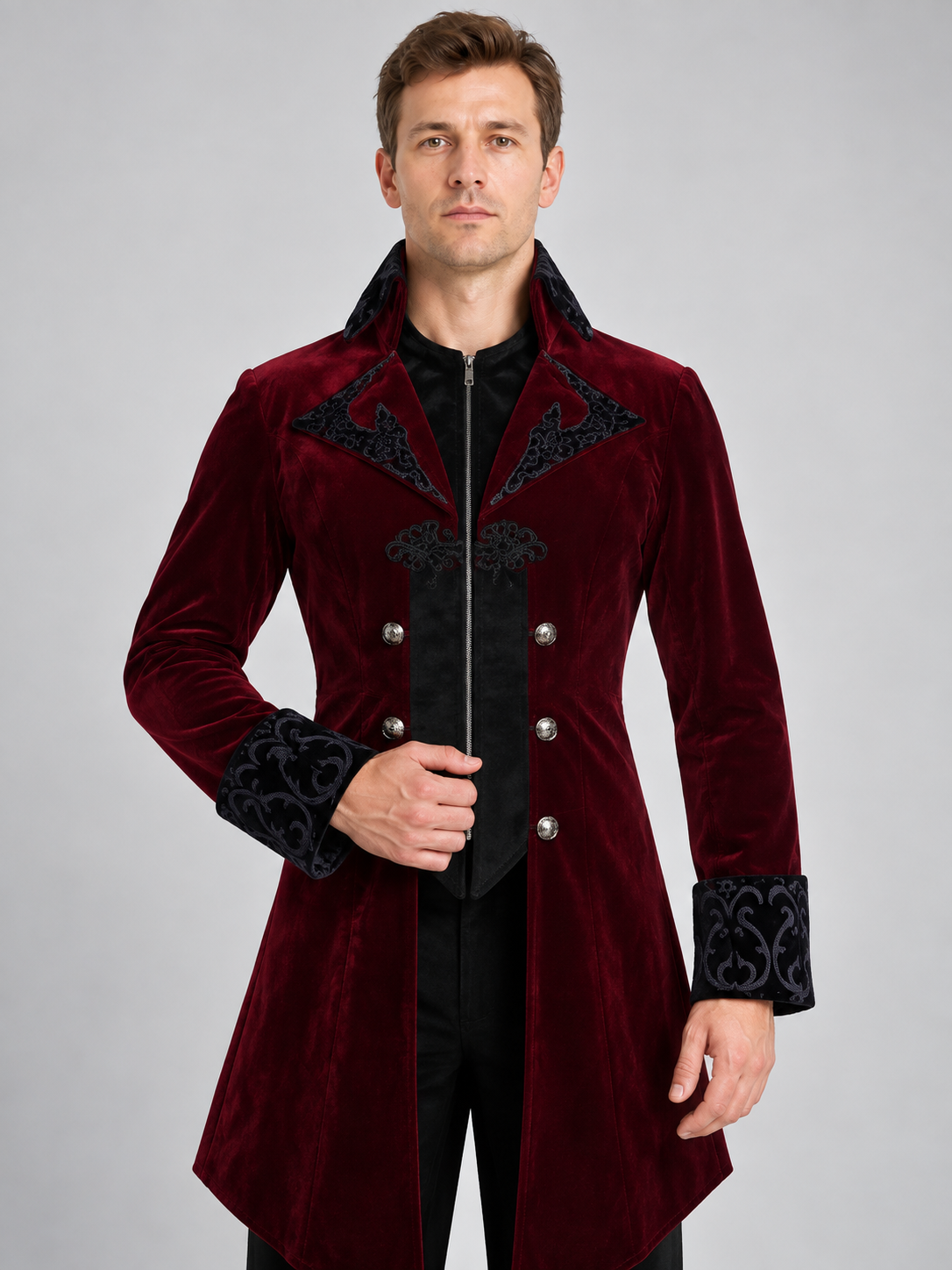Burgundy tailcoat with a high collar and black embroidery