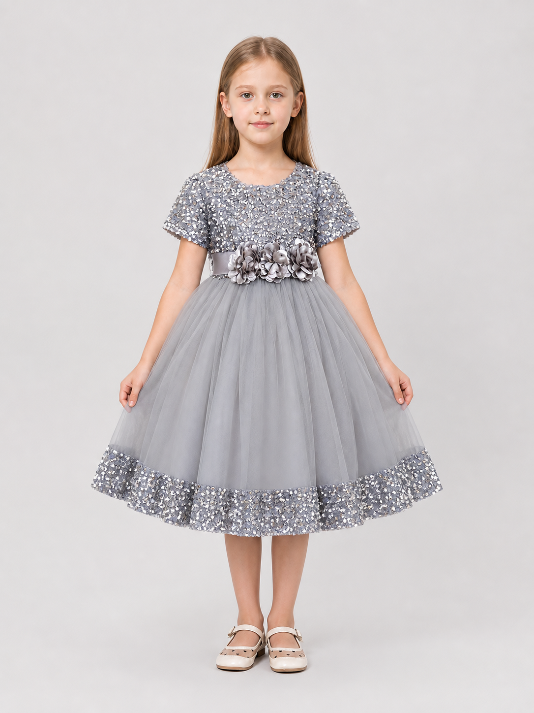 Dressy Sequin Dress with 3D Flowers and Full Skirt