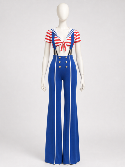 The set features a nautical style and consists of a short-sleeved top and suspender pants. The design combines white, red, blue, and gold colors. The top is decorated with red-and-white horizontal stripes, front lacing, and an open waistlin