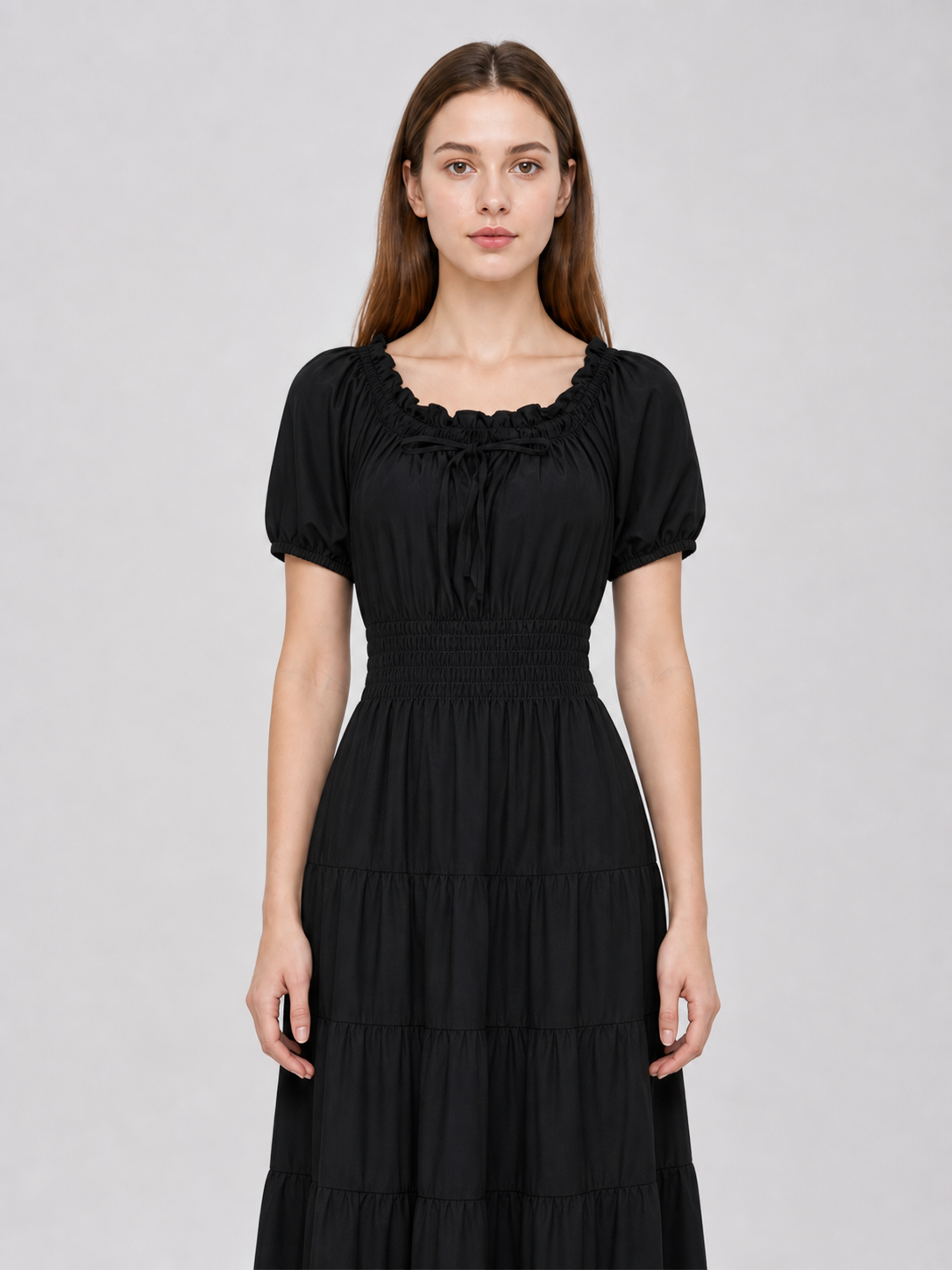 Black Tiered Maxi Dress with Ruching