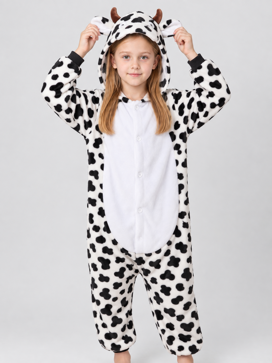 Flannel Hooded Pajama Jumpsuit with Ears and Horns