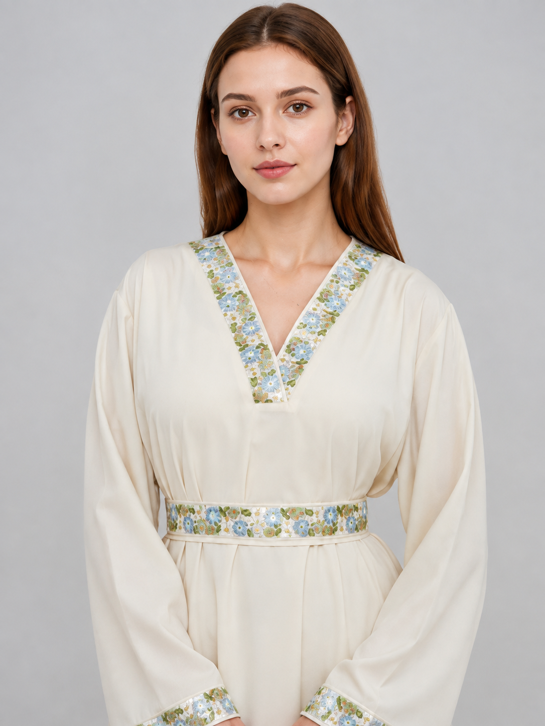 Cream floor-length dress with floral embroidery Costume Dresses detail 2