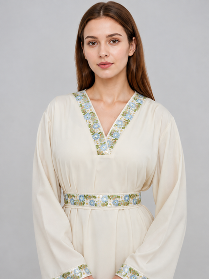 Cream floor-length dress with floral embroidery Costume Dresses detail 2