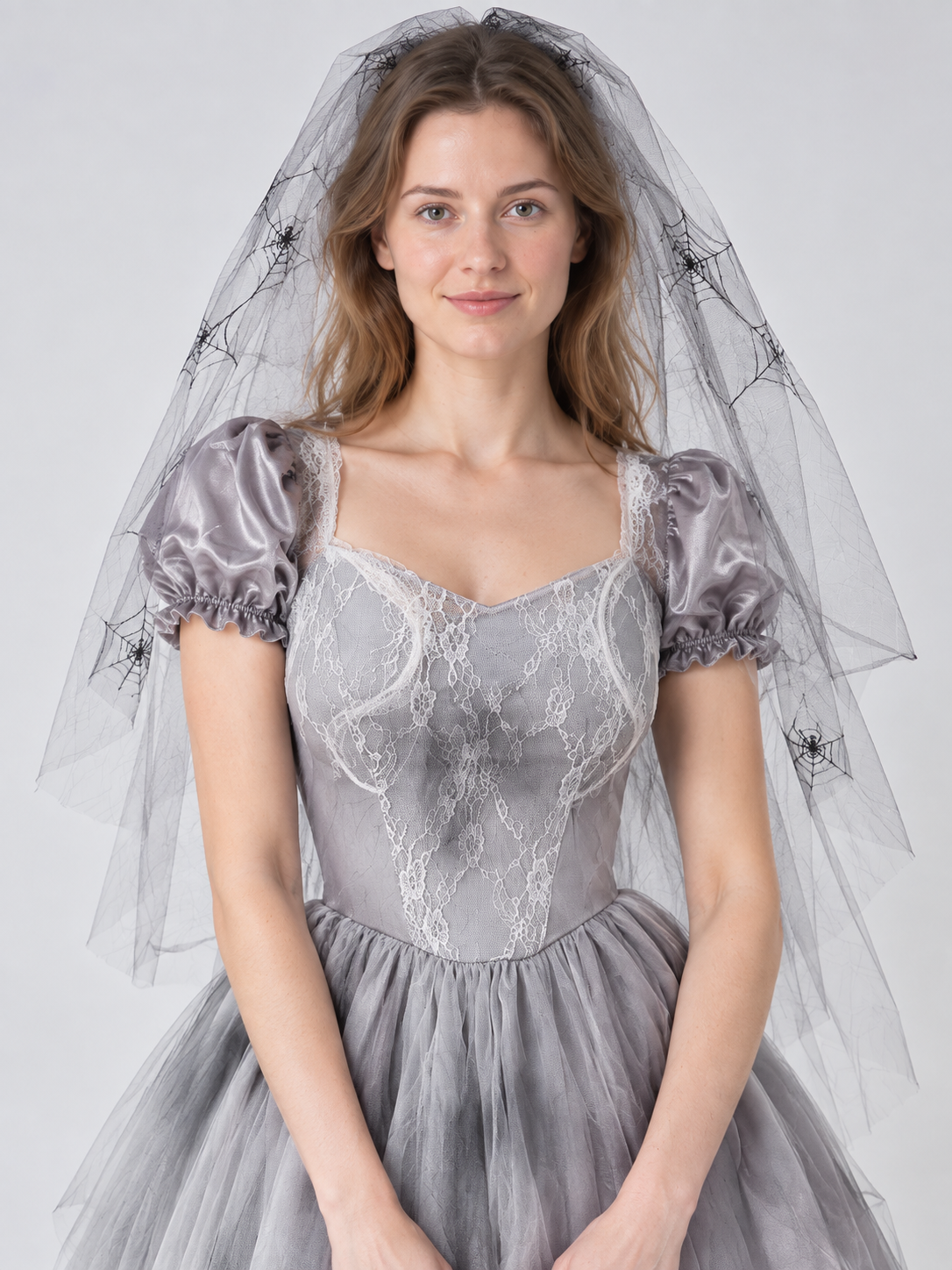 Carnival Cosplay Costume Gray Dress Veil Stockings