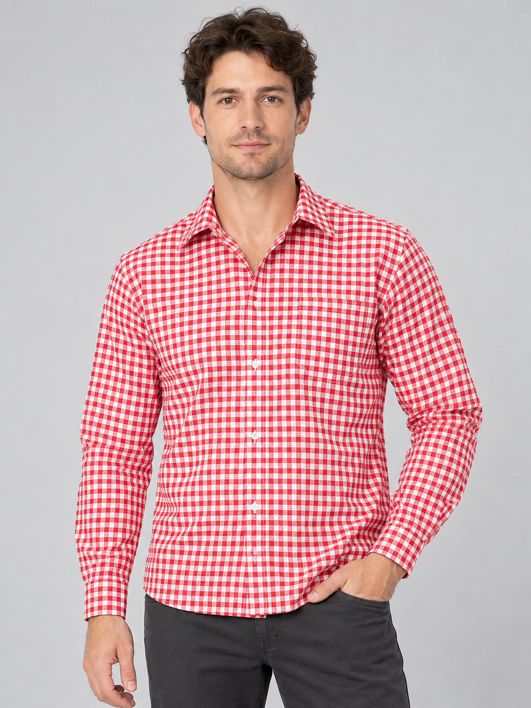 Red plaid shirt, long sleeves, polyester, cotton