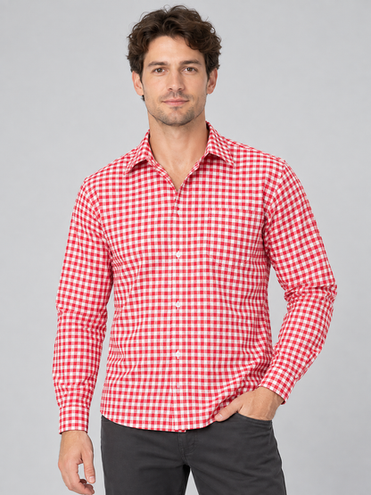 Red plaid shirt, long sleeves, polyester, cotton