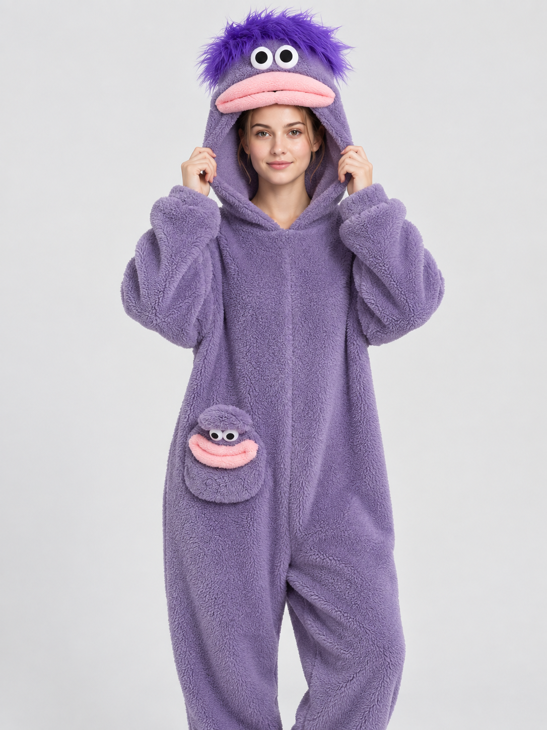Insulated Fleece Pajama Jumpsuit with Cartoon Decor