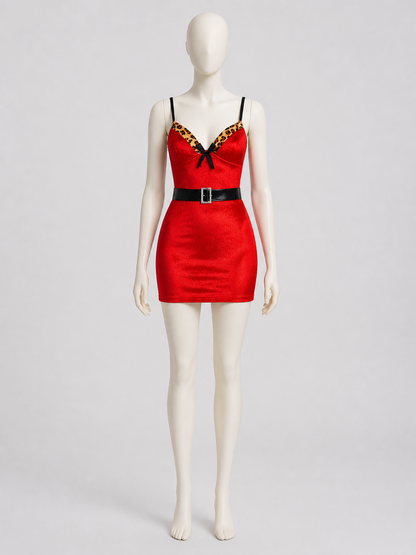 Red New Year's Dress with Leopard Print and Bow Costume Dresses detail 2
