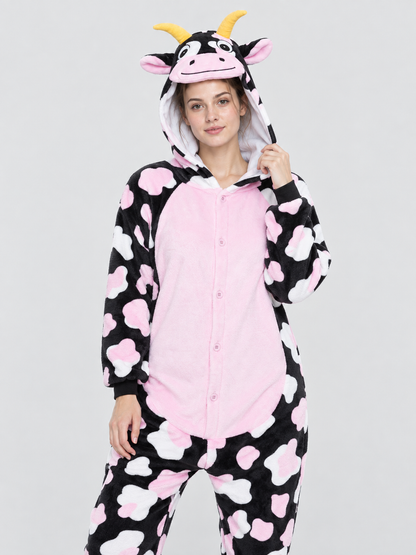 Hooded Pajama Jumpsuit with Cow Face