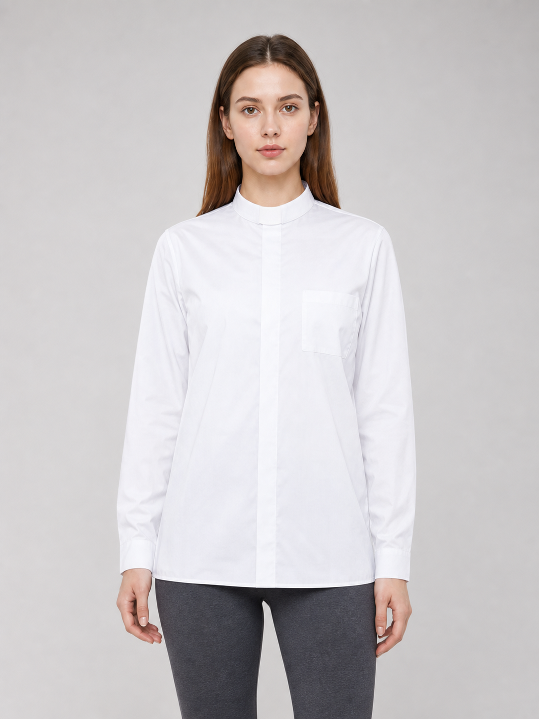 White Stand-Collar Shirt with Chest Pocket