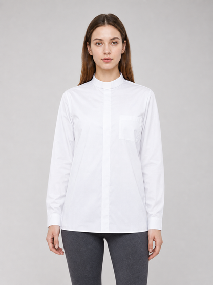 White Stand-Collar Shirt with Chest Pocket