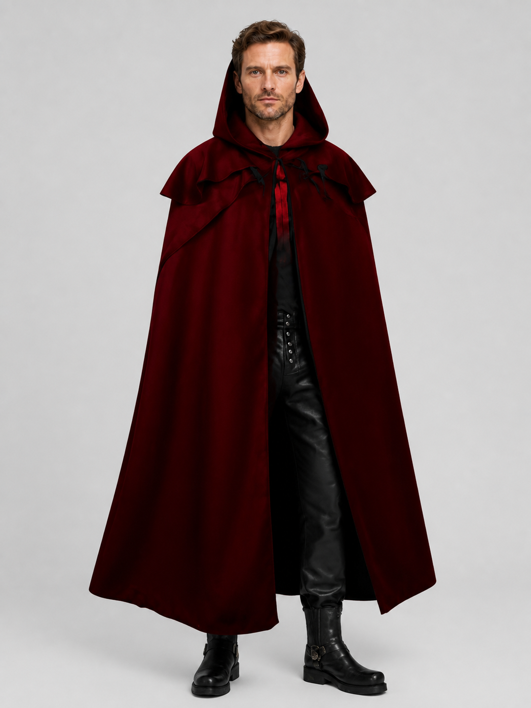 Dark Red Hooded Vampire Cloak for Halloween Costume Capes detail 3