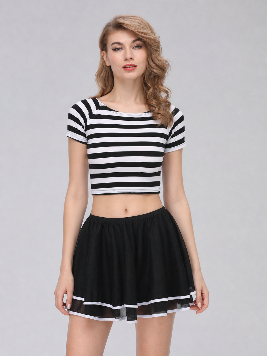 Black-and-White Striped Stage Costume with Skirt