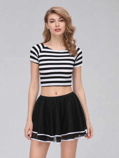 Black-and-White Striped Stage Costume with Skirt