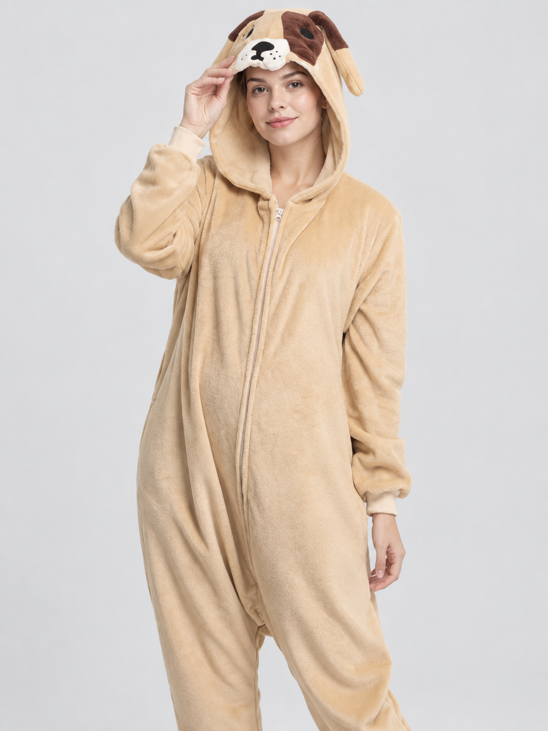 Beige Pajama Jumpsuit with Hood and Dog Tail