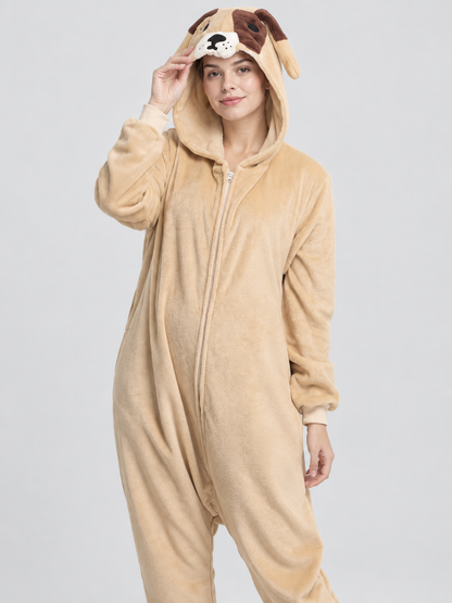 Beige Pajama Jumpsuit with Hood and Dog Tail