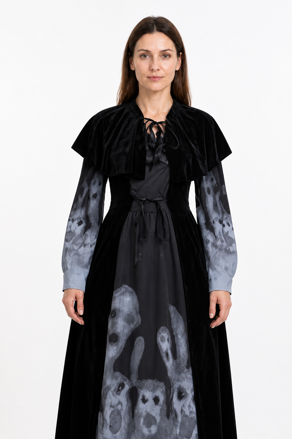 Black Halloween Dress with Cape and Ghost Print Costume Dresses detail 3