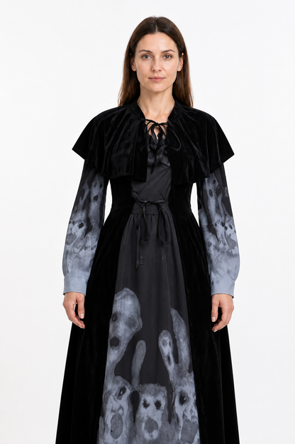 Black Halloween Dress with Cape and Ghost Print Costume Dresses detail 3