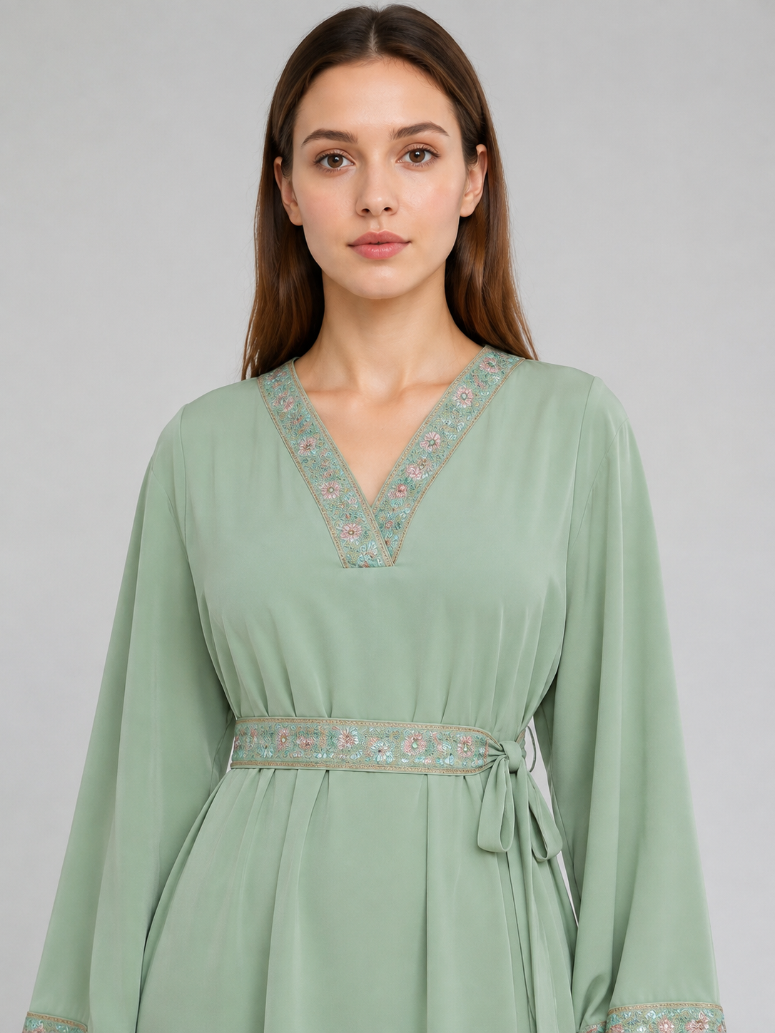 Light Green Embroidered Dress with Tie Belt Costume Dresses detail 2